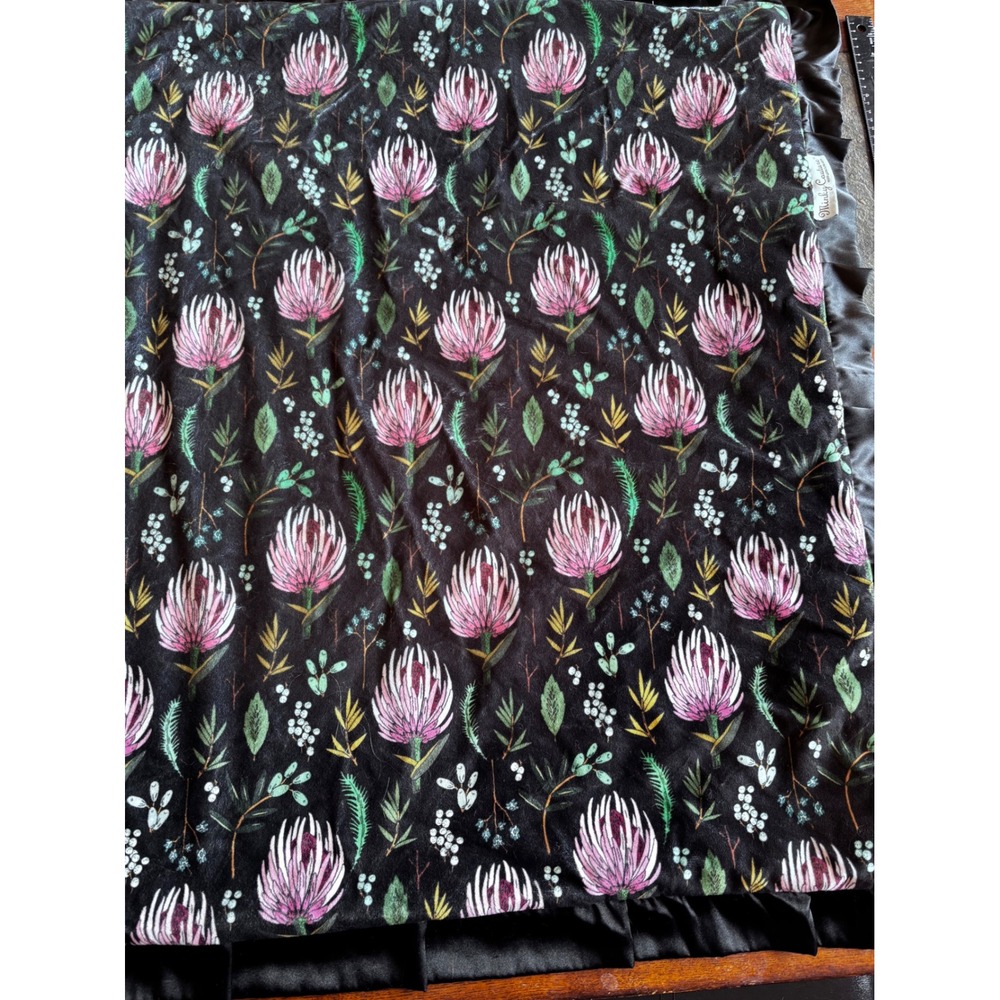 Minky Couture Infant Blanket Floral Black Satin Ruffle Faux Fur 36x31